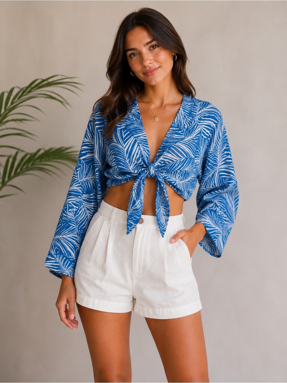NWT Shade & Shore Blue Tropical Linen Blend Tie Front Crop Top Small
